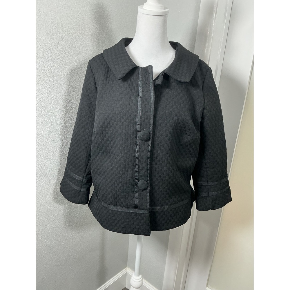 Notations Black Textured Cropped Jacket 3/4 Sleeve Peter Pan Collar Size L